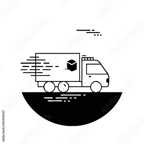 Abstract vector of a delivery truck speeding along a road at night silhouette icon