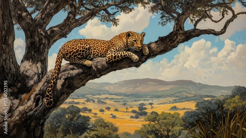 Leopard resting on a tree branch overlooking a savanna landscape under a partly cloudy sky.