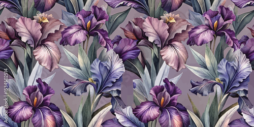 Vibrant purple irises overlaid with lush green leaves in a floral pattern.