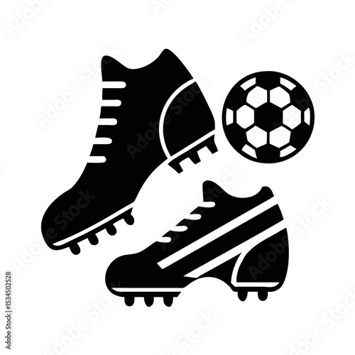 Simple monochrome vector of soccer equipment including a soccer ball and cleats silhouette icon