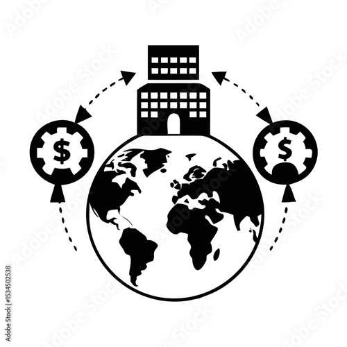 Global business transactions vector depicting international finance and economic operations silhouette icon