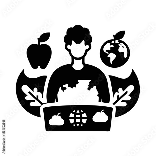 Global Education and Technology Concept with Person, Computer, and World Elements silhouette icon