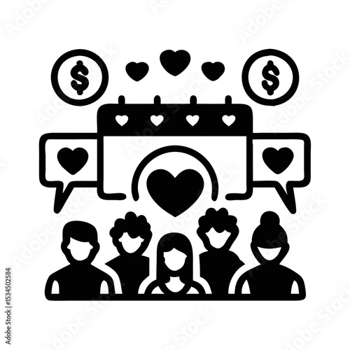 Monochrome crowd funding vector icon vector for community love and support silhouette icon
