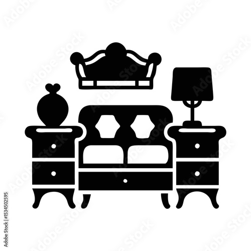 Elegant living room arrangement featuring a sofa, end tables, and decor silhouette icon