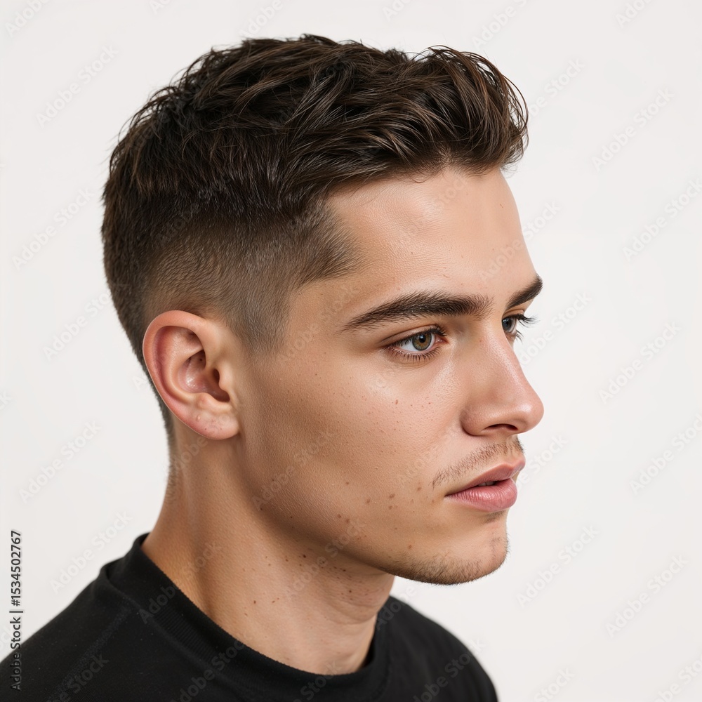 Obraz premium Male with modern haircut portrait side view over white background, no shadow