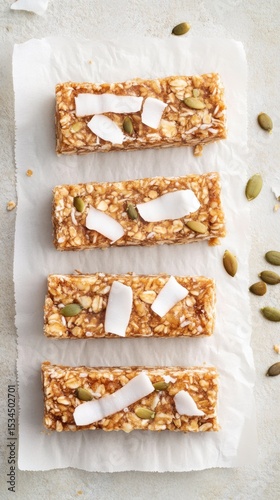 Rustic homemade snack bars with honey, pumpkin seeds, and coconut flakes on parchment paper, arranged in a natural layout, top view with organic styling and copyspace