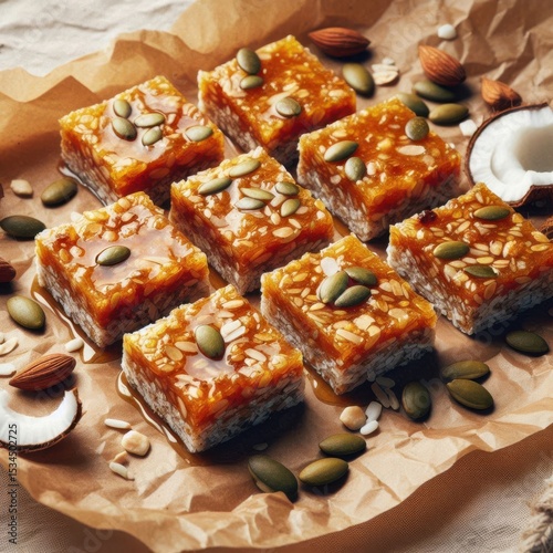 Rustic snack bars on parchment paper with natural ingredients like honey and coconut, perfect for organic food themes.