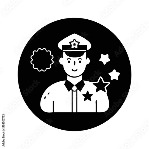 Monochrome officer portrait with a star on his cap and shoulder silhouette icon