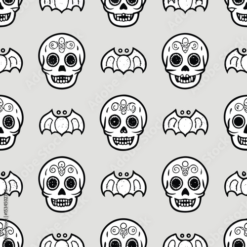 Seamless pattern of sugar skulls and bats perfect for halloween or day of the dead