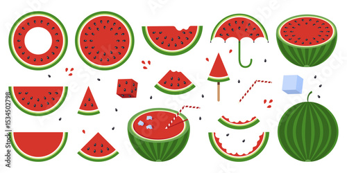 Set of Different Sliced Slices of Ripe, Juicy red Watermelon. Halves and Triangular Watermelon Pieces, Eaten Rinds, Frozen Juice on a Stick. Half and Green Whole Watermelon.