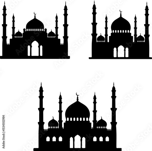 stylized, black silhouette images of mosques, isolated on a white background.