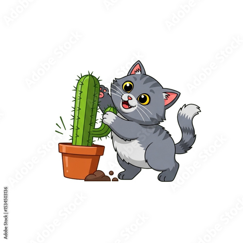 Cat knocking over a cactus.