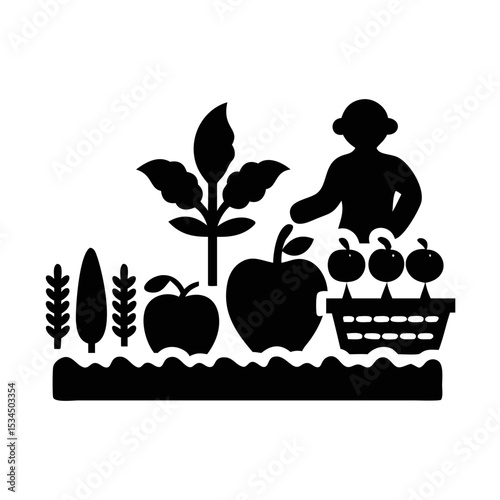 Stylized black and white vector of a garden with a figure tending to plants silhouette icon