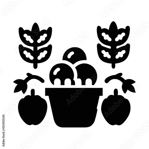 Graphic vector of a bowl of fruit and plants in solid black color silhouette icon