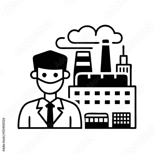 A masked professional stands before a polluting factory suggesting environmental concerns silhouette icon