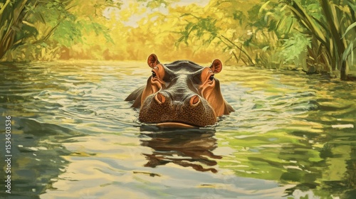 Hippopotamus submerges in a tranquil river, surrounded by lush green vegetation.