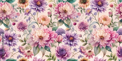 Vibrant floral pattern featuring assorted purple and pink flowers on a soft background.