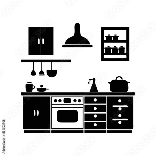 Monochromatic Kitchen Scene Depicts Stove, Cabinets, and Utensils, in Simple Graphic Style silhouette icon