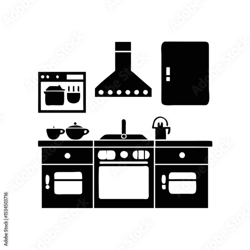 Simple Kitchen interior vector with cabinets, sink, stove and oven silhouette icon