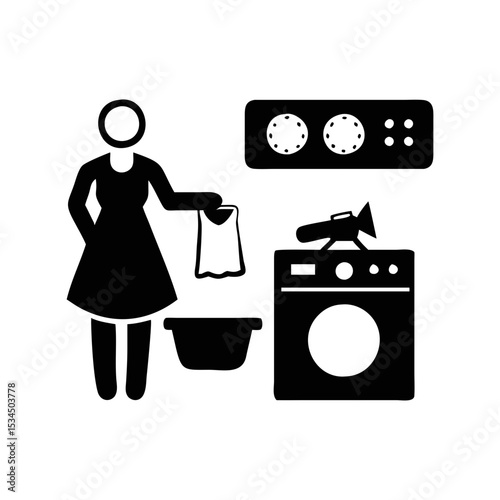 Laundry Time a Woman with Washing Machine and Clothes in the Laundry silhouette icon