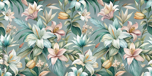 Colorful floral pattern featuring delicate lilies and tropical leaves.