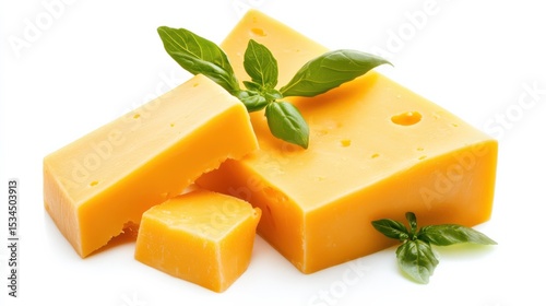 Tasty pieces of cheddar cheese and basil