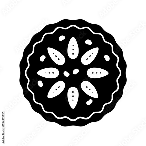 Stylized minimalist black and white pie dessert design with fruity filling silhouette icon