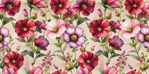 Beautiful floral pattern featuring vibrant pink and purple flowers on a soft beige background.