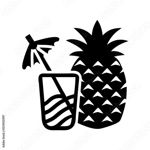 Pineapple and refreshing tropical drink with umbrella conveying summer vibes silhouette icon