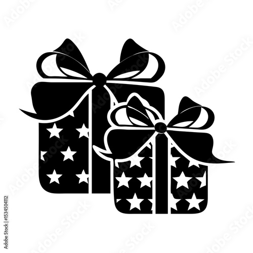 Two Stylishly Wrapped Presents with Star Patterns in Black and White Icon silhouette icon