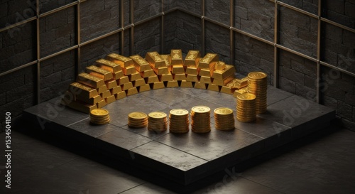 Golden Wealth 3D Render of Gold Bars and Coins Arranged in a Circular Pattern