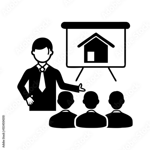 Real estate presentation with agent and clients, business education concept silhouette icon