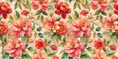 Vibrant floral pattern featuring red and peach blooms with lush green leaves.