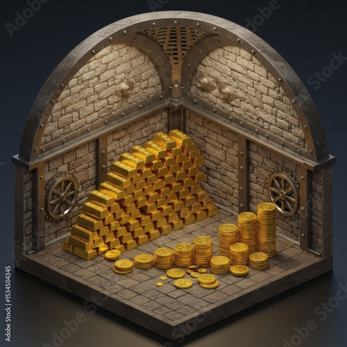 isometric illustration of a treasure vault filled with gold bars and coins