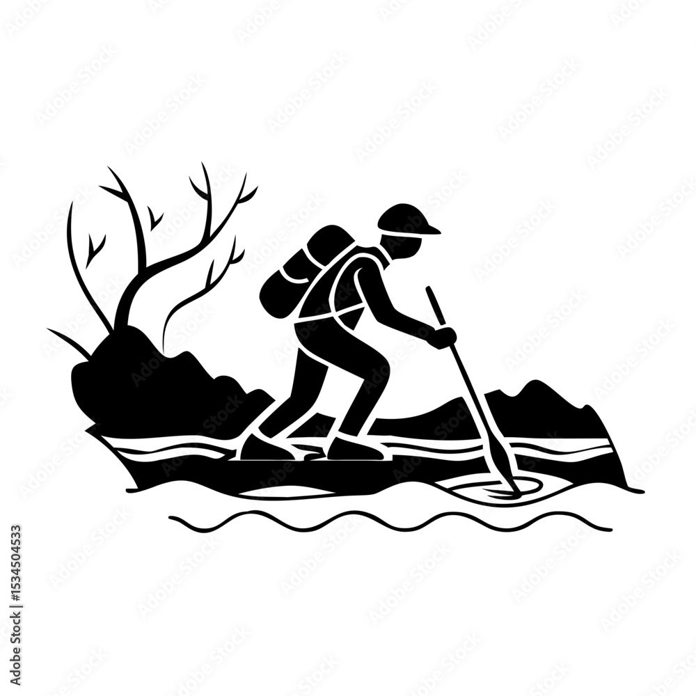 Fototapeta premium Black and white vector of a hiker on a lake island with tree silhouette icon