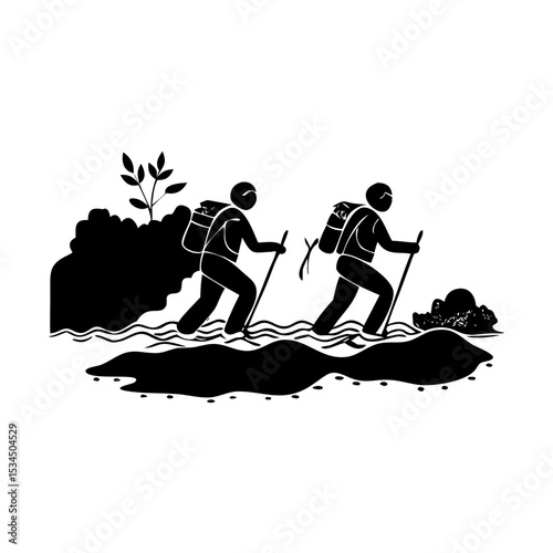 Two hikers with backpacks trekking through a body of water in monochrome silhouette icon