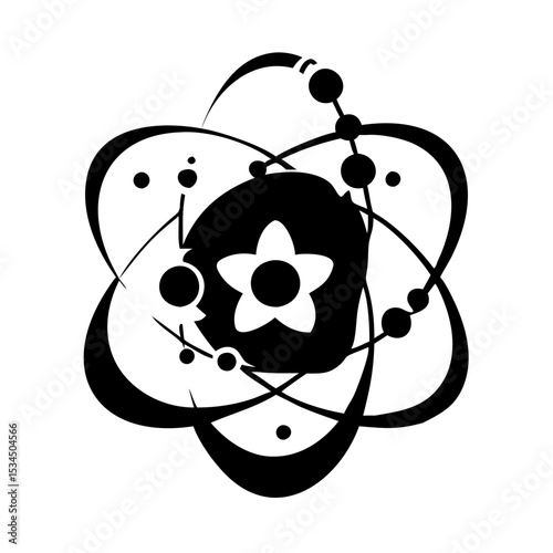 Stylized black and white atom structure with a flower in the nucleus silhouette icon