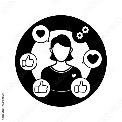 Digital influence and social interaction surrounding a female figure concept silhouette icon