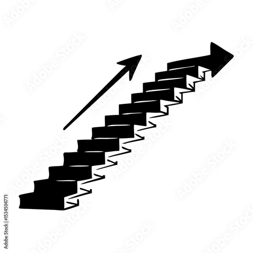 Conceptual staircase ascending with arrows indicating the path to success uphill silhouette icon