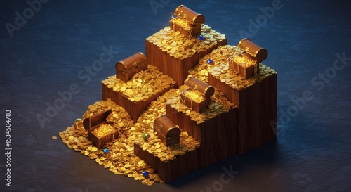 A Mountain of Treasure 3D Render of Gold Coins and Chests