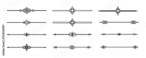 Collection of 12 decorative vector separators in minimalistic linear style with geometric elements for text separation, postcards and typography, transparent backgrounds