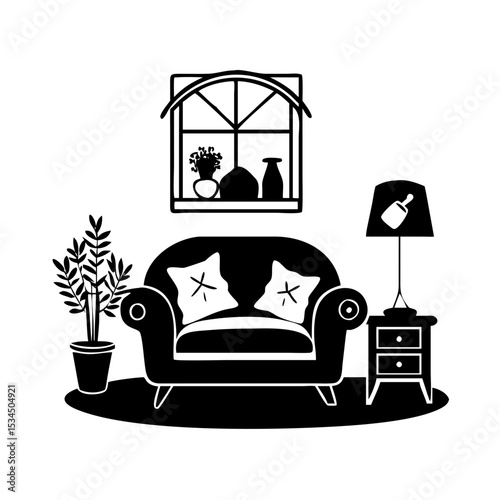 Elegant living room interior featuring a cozy armchair and charming window silhouette icon