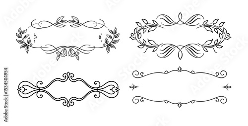 Collection of elegant decorative vector elements with floral motifs and artistic strokes for borders or text separators, postcard design and typography, transparent backgrounds