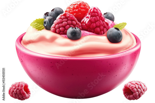 A luscious pink bowl overflowing with creamy goodness and fresh vibrant berries creating a on transparent background