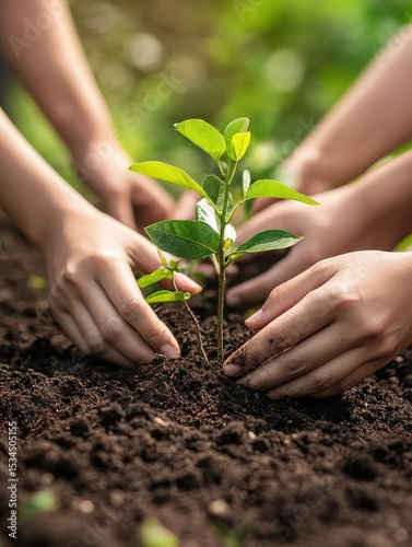 Hands planting young tree in soil, community gardening event, environmental conservation effort, teamwork for sustainability, reforestation activity with blurred volunteers background
