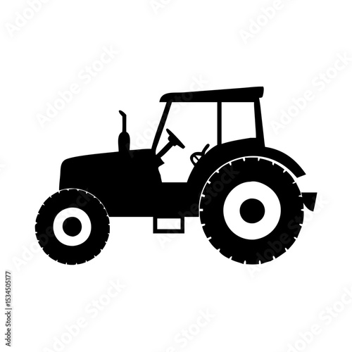 Black and white silhouette of a generic agricultural tractor on white silhouette icon