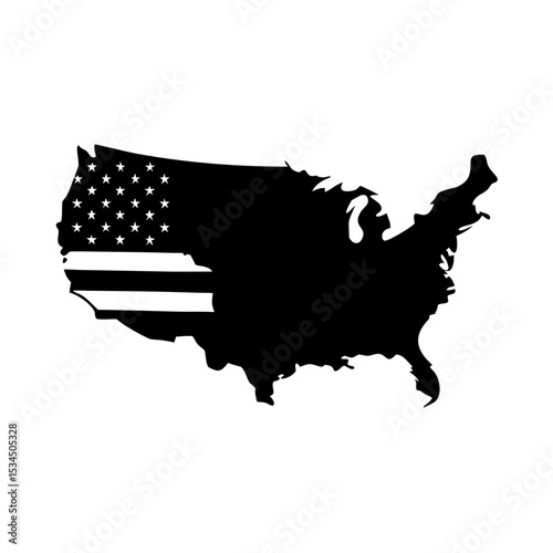 Black and white silhouette of the United States of America with flag details silhouette icon