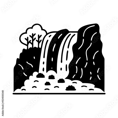 Monochrome vector of a stunning waterfall cascading down a rocky cliff face silhouette icon
