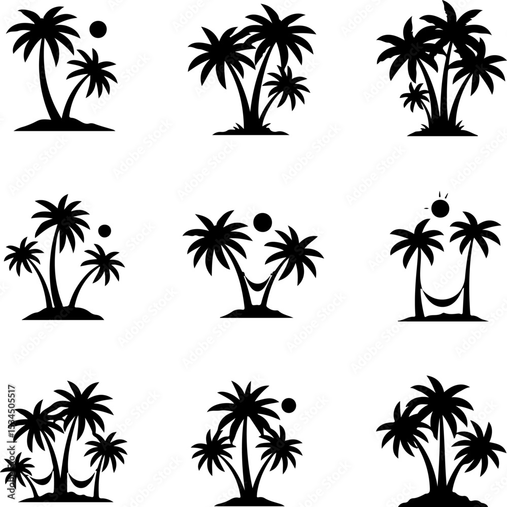 Fototapeta premium Tropical palm tree silhouettes on a summer beach at sunset, a perfect vector illustration for your island travel design