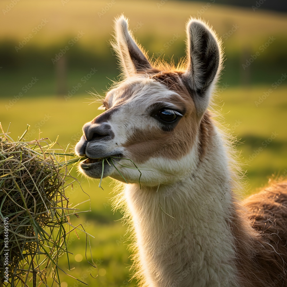 Obraz premium Llama Eating Hay in a Field